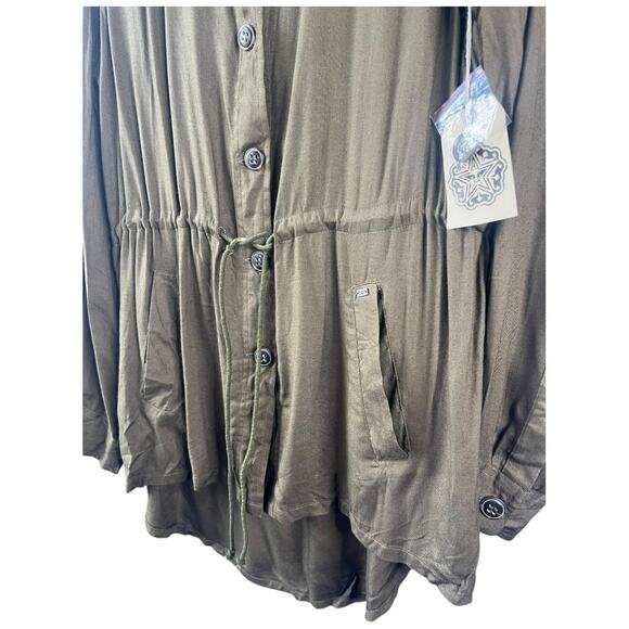Obey olive green button front lightweight coat pockets cinch tie waist small NWT - Picture 3 of 9